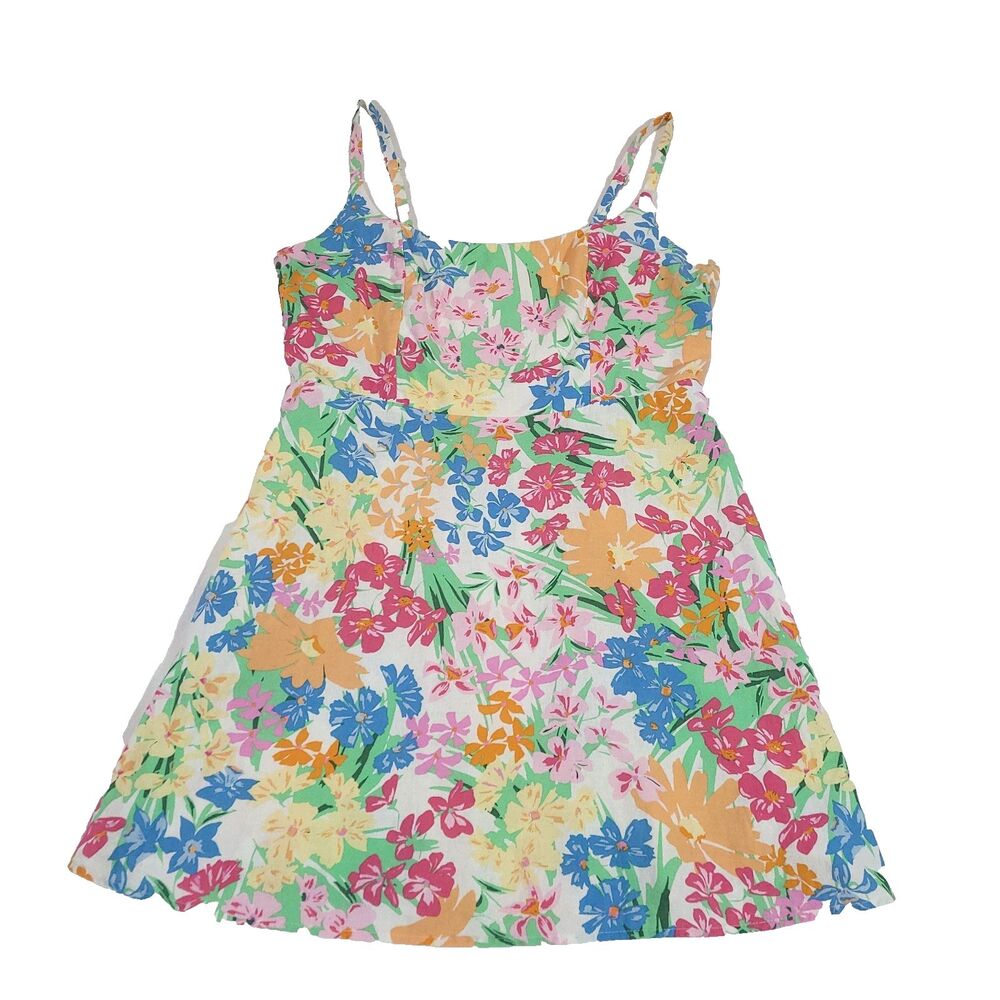 Floral Hawaiian linen sun Dress old navy XL Round Neck Smocked‎ Stretch Pockets - Picture 3 of 14